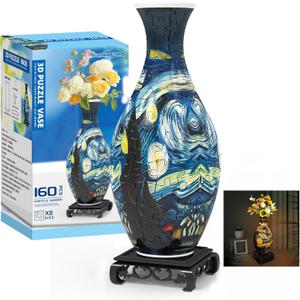 3D Puzzles Vase for Adults, Crafts for Adults, 160 Pieces Plastic DIY Unique Flower Vase with LED Light House Warming Gift Birthday Gifts for Flower Arrangements and Home Decor (Blue)