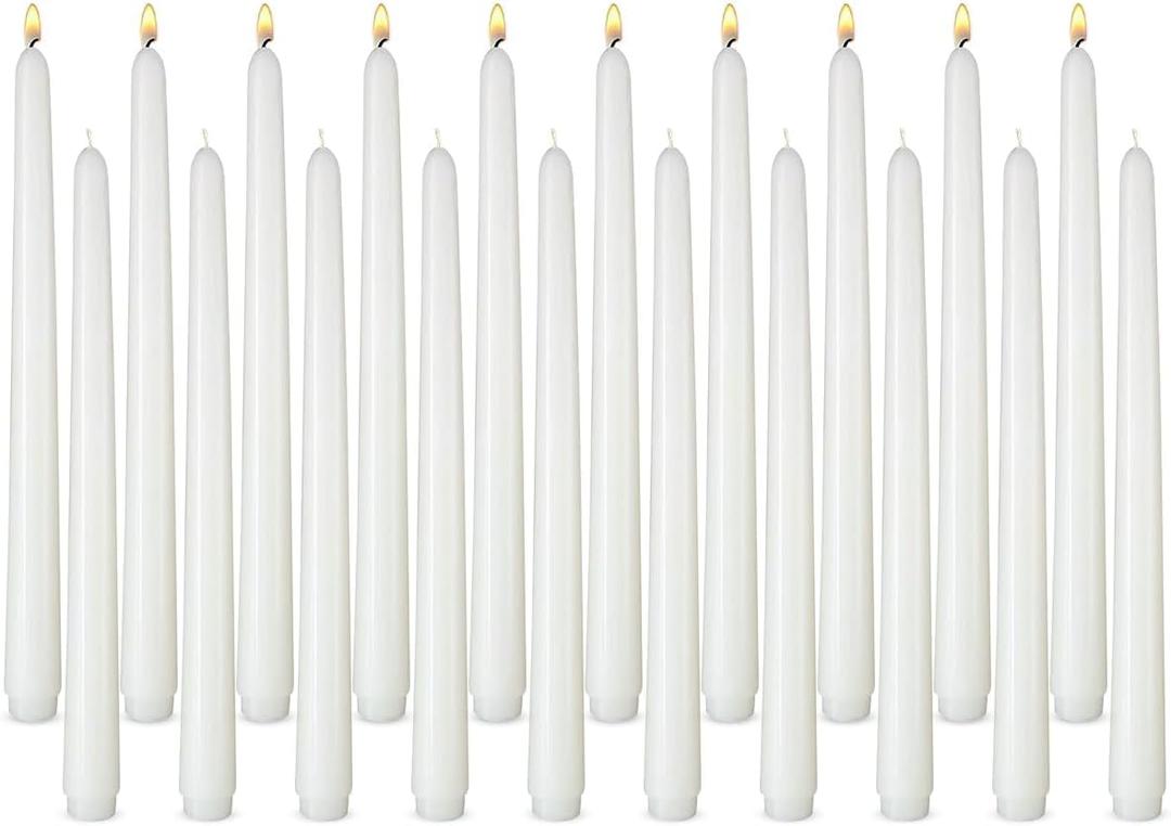 20 Pack White Taper Candles, 10 Hours Burn Time, Unscented, Smokeless and Dripless, 0.8 x 12 Inch Dinner Candle Set for Household, Wedding, Party and Home Dcor Candlesticks