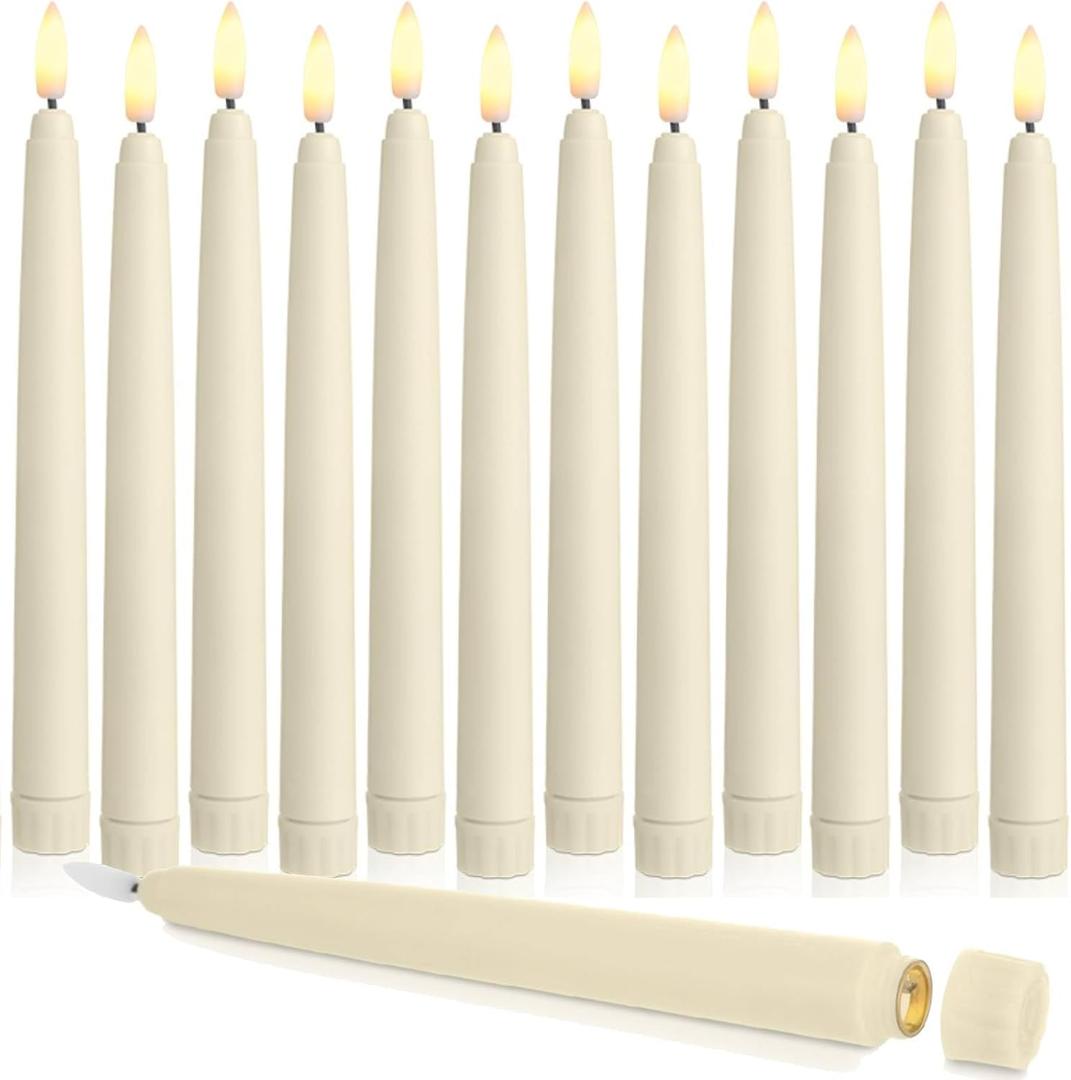 Baquler 12 Pcs Flameless Taper Candles LED Taper Candles Flickering Bulk Ivory LED Candlestick for Easter Wedding Church Halloween Christmas Party Decor Table Centerpiece, 8.5 in, No Batteries
