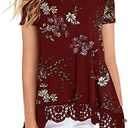 QIXING Women Tops Lace Trim O Neck A Line Tunic Blouse, S