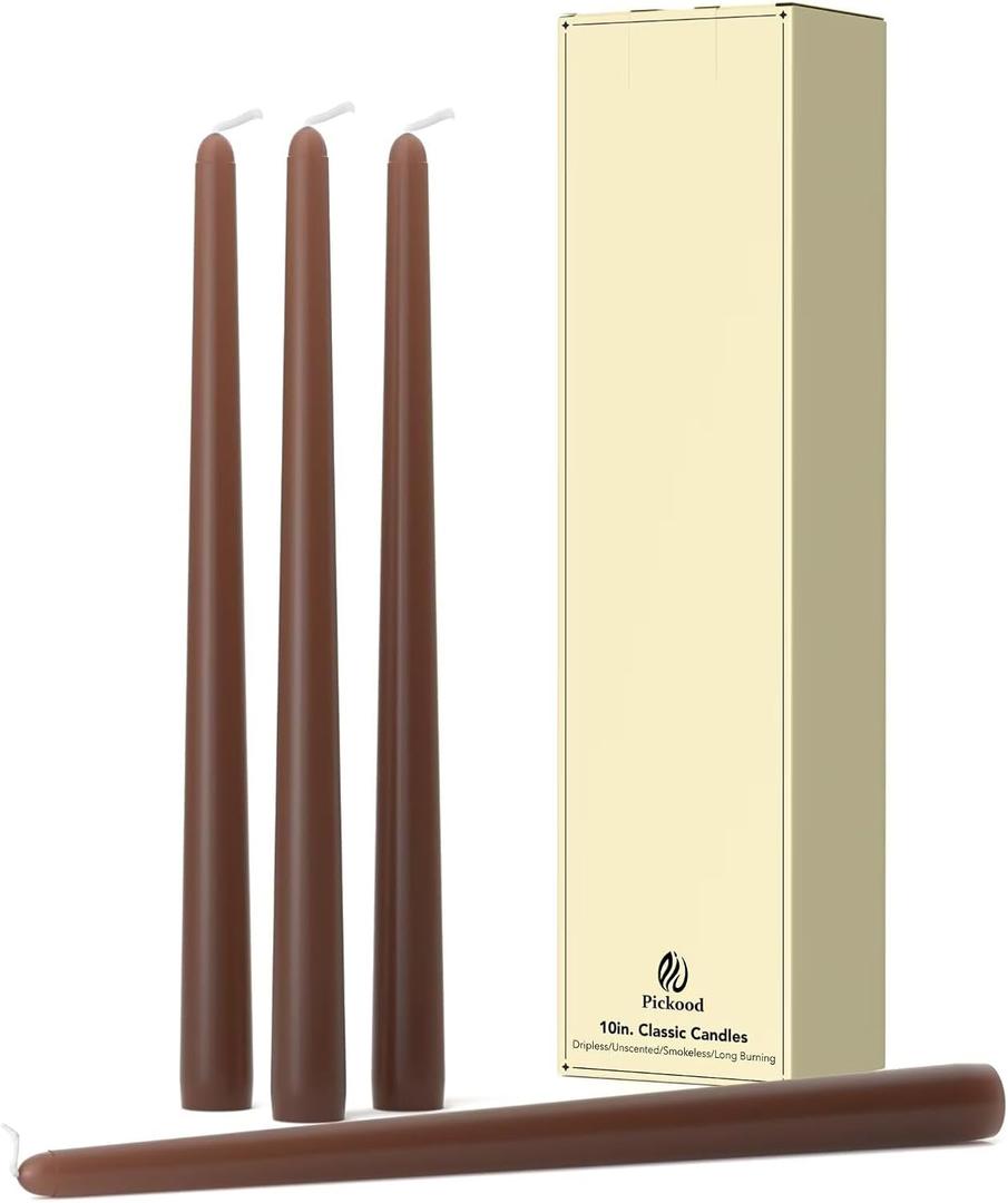 10-Inch Tall Dripless Taper Candles Set of 4 - Cocoa Brown Tapered Candles, Perfect for Spring - Smokeless, Unscented, Long Burning - Hand Poured, Colored Tall Candlesticks - Chocolates