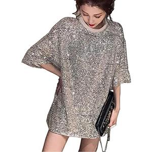 Nite closet Loose Silver Sequin Tops Sparkle Long Shirt for Women Punk Rock Clothing Large