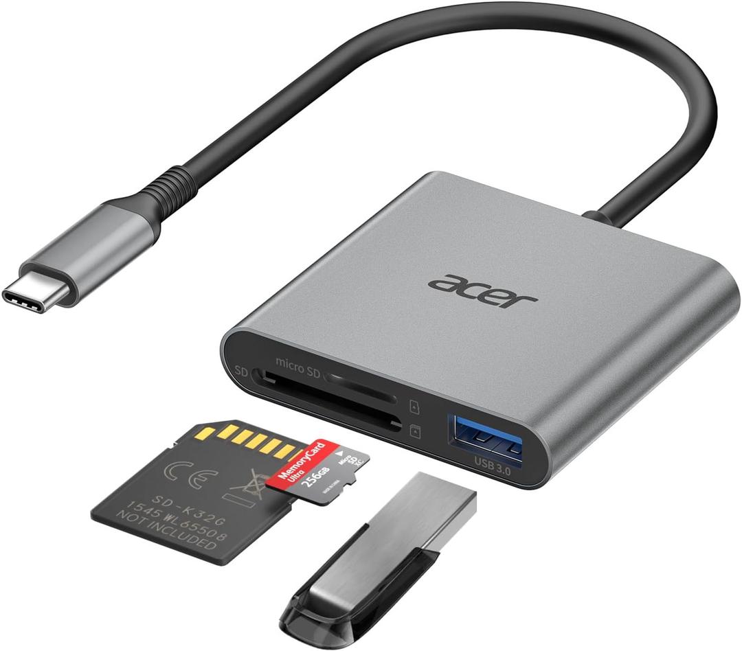 Acer SD Card Reader USB C, 3 in 1 Memory Card Reader with Dual Slots & USB 3.0, Micro SD Card Adapter for iPhone 16/15 Compatible with Camera, Android, MacBook Pro/Air, Laptop (Grey)