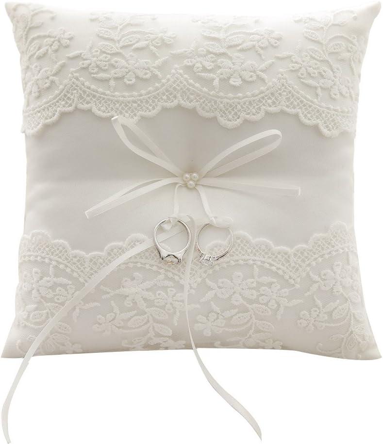 Awtlife Lace Pearl Wedding Ring Pillow Cushion Bearer 8.26 Inch for Beach Wedding