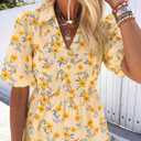 Womens Puff Sleeve Floral Babydoll Tops Lapel Collar V Neck Ruffle Peplum Blouse Smocked Tunic Top Dressy Tee Shirts (Yellow, M)