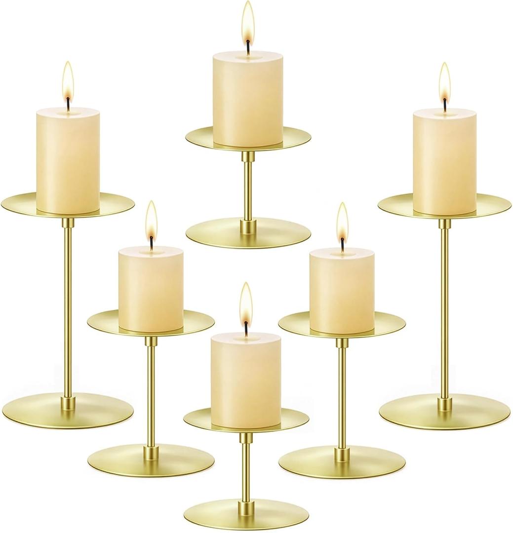 Elsjoy Set of 6 Gold Pillar Candle Holders, Metal Pillar Candle Stand Modern Candle Holders, Fireplace Candelabras Set for Home Decor, Table Centerpiece, Wedding, 3 Sizes