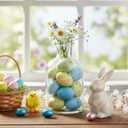 Beeveer 60 Pcs Pastel Easter Speckled Eggs 2.4 in Plastic Speckled Eggs with Pulp Cartons Vase Filler Bowl Basket for DIY Spring Easter Rustic Decor DIY Game Kitchen Craft Adornment(Bright Colors)
