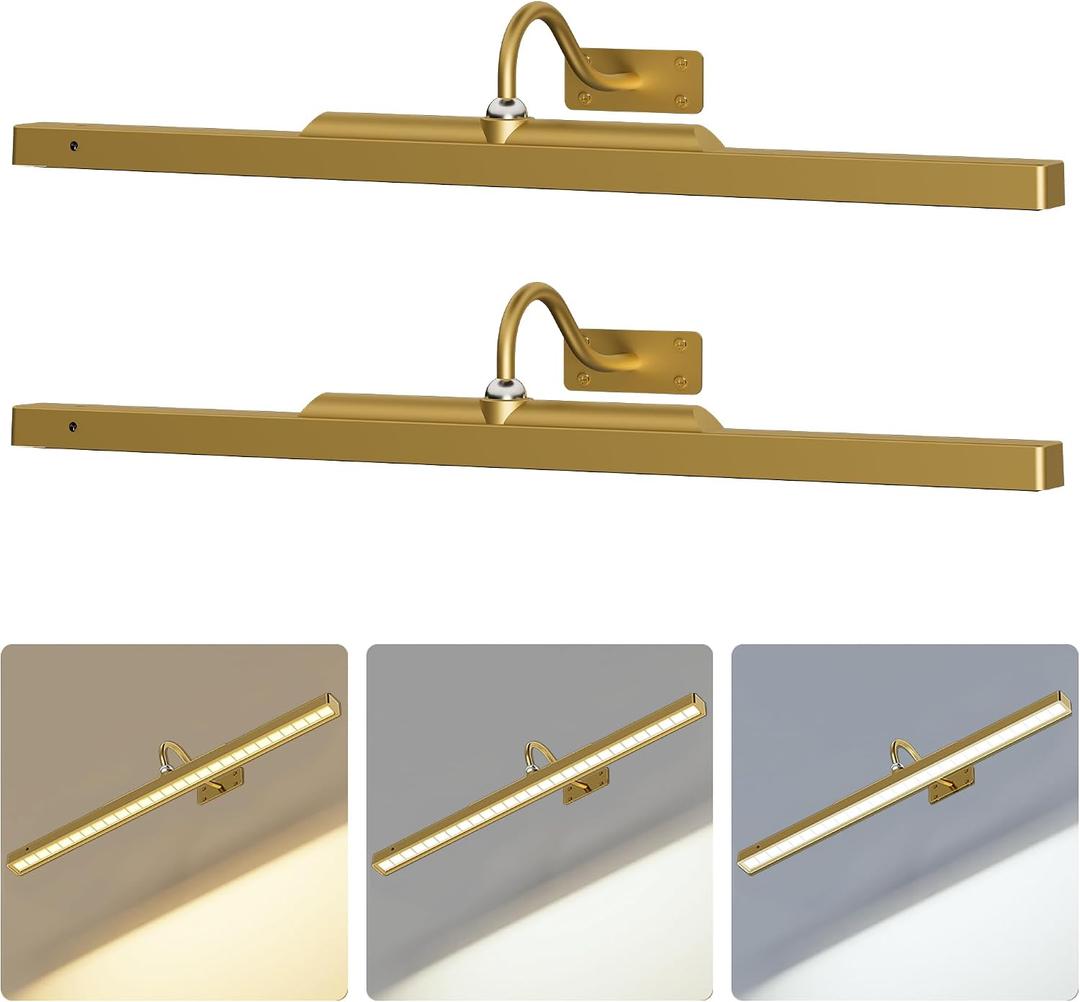 2 Pack 24 Inch Wall Lights for Pictures - Cordless Rechargeable Wall Sconces with Dimmable Remote for Above Mirror, Painting & Dcor (Antque Gold)