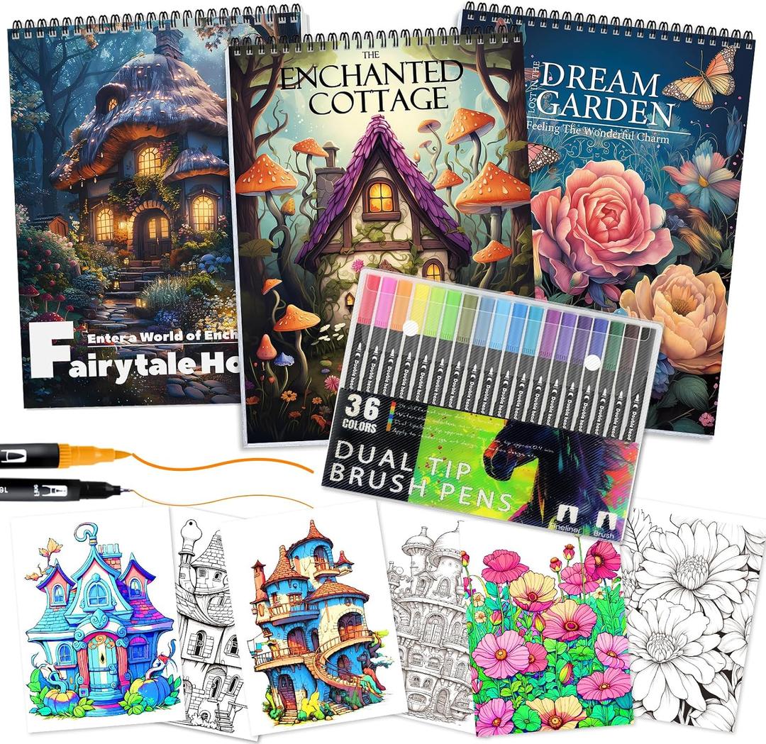 3Pcs Adult Coloring Book for Women Relaxation, 36 Colors Markers with Spiral Bound Adult Coloring Book for Women, 36 Dual Tip Colors Markers, Anxiety Relief Mindfulness Gifts(Cottage & Garden & House)