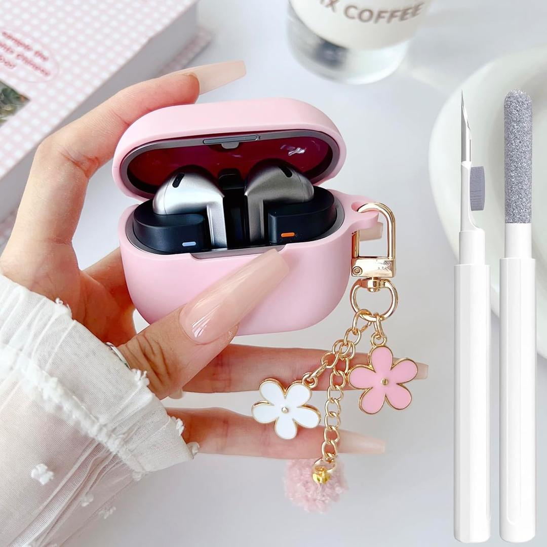 Cute Pink Case for Samsung Galaxy Buds 3/3 Pro/3 FE Cover for Girl Women with Pom pom Flower Keychain & Cleaner Pen, Soft Silicone Galaxy Bud Pro 3/Buds3/Bud 3 FE Protective Cover Skin
