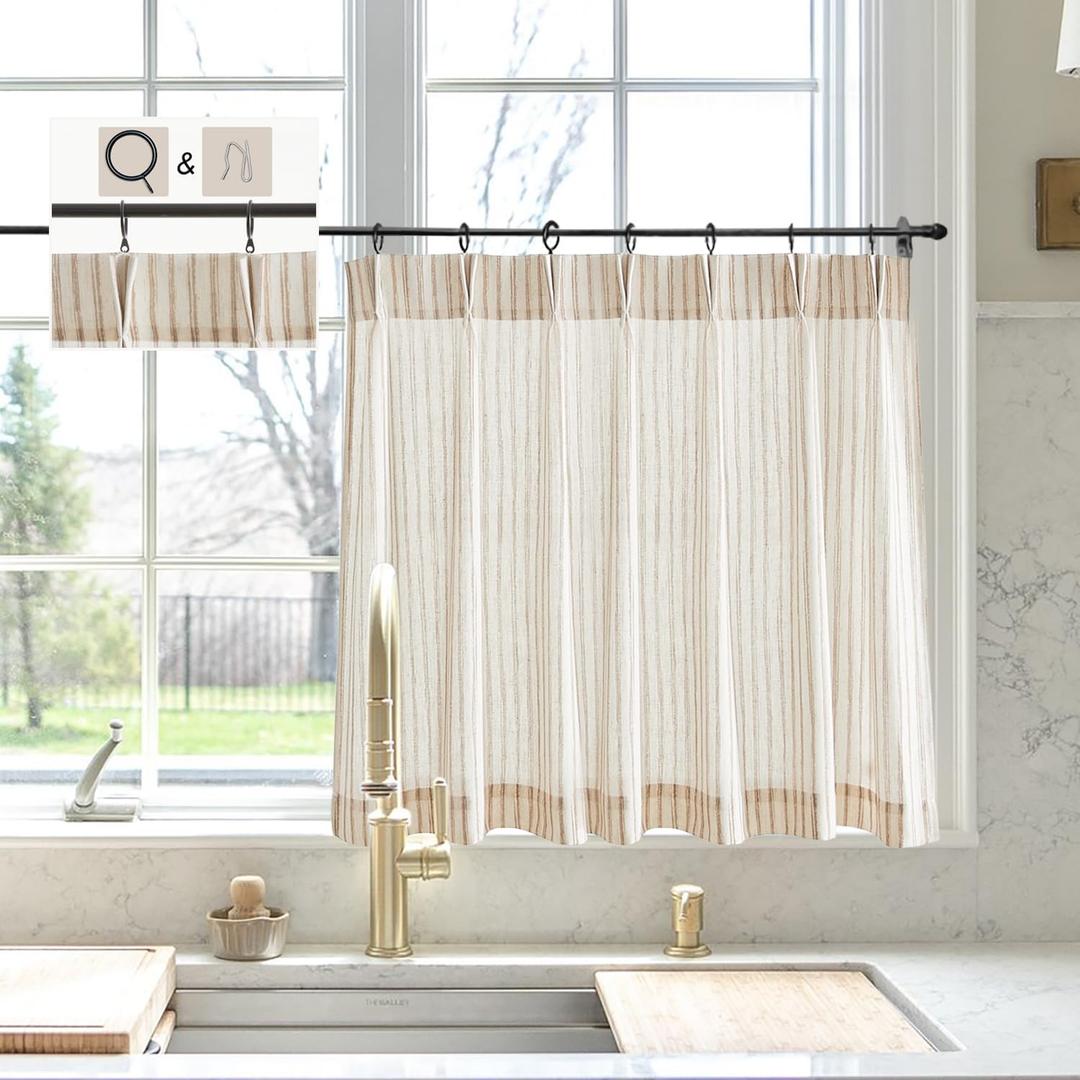 LIMON HOME Beige Striped Linen Kitchen Curtains 36" W x 20" L Pinch Pleat Cafe Curtains 1 Panels