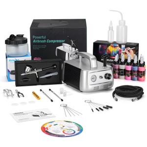 CrestWave Airbrush Kit with Air Compressor with 12 Paints & Cleaning Pot | 1/6 HP Quiet Air Compressor, Dual-Action Airbrush 0.3/0.4/0.5mm Tips, Full Guide, All-in-One Package for Model Painting & DIY