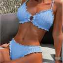 RoseSeek Women's Two Piece Textured Bikini Set Ring Linked Triangle Bathing Suit Tie Back Cheeky Swimsuit (Blue, S)