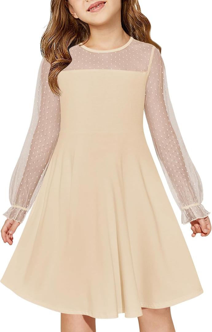 Haloumoning Girls Contrast Mesh Long Sleeve High Waist A Line Short Dress with Pockets 13-14 Years