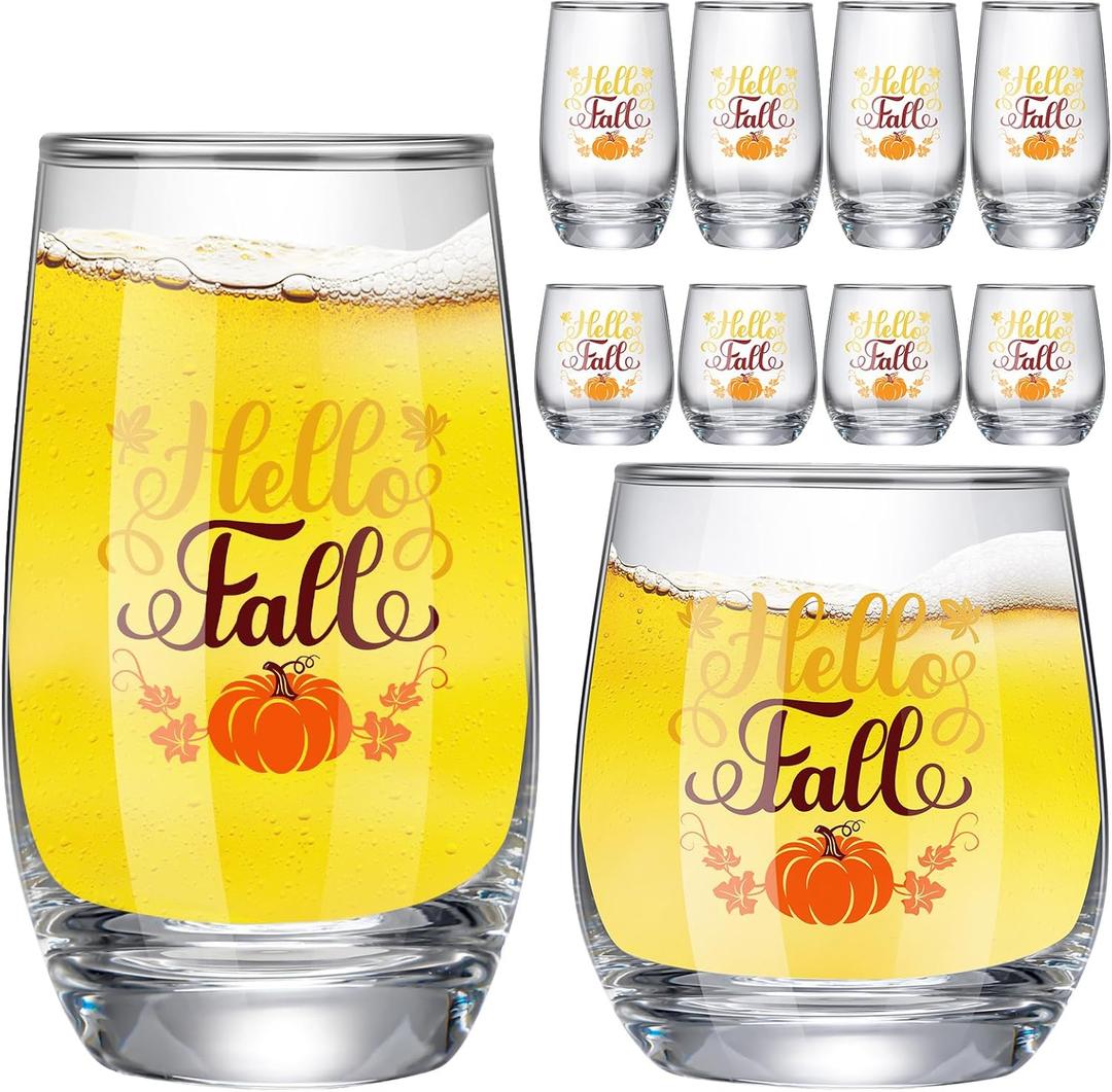 8 Pcs Autumn Glasses Drinkware 4 Glass Cups 16 oz & 4 Short Stemless Glasses 11oz Glass Autumn Party Gift for Autumn Party Women Home Decor Gifts