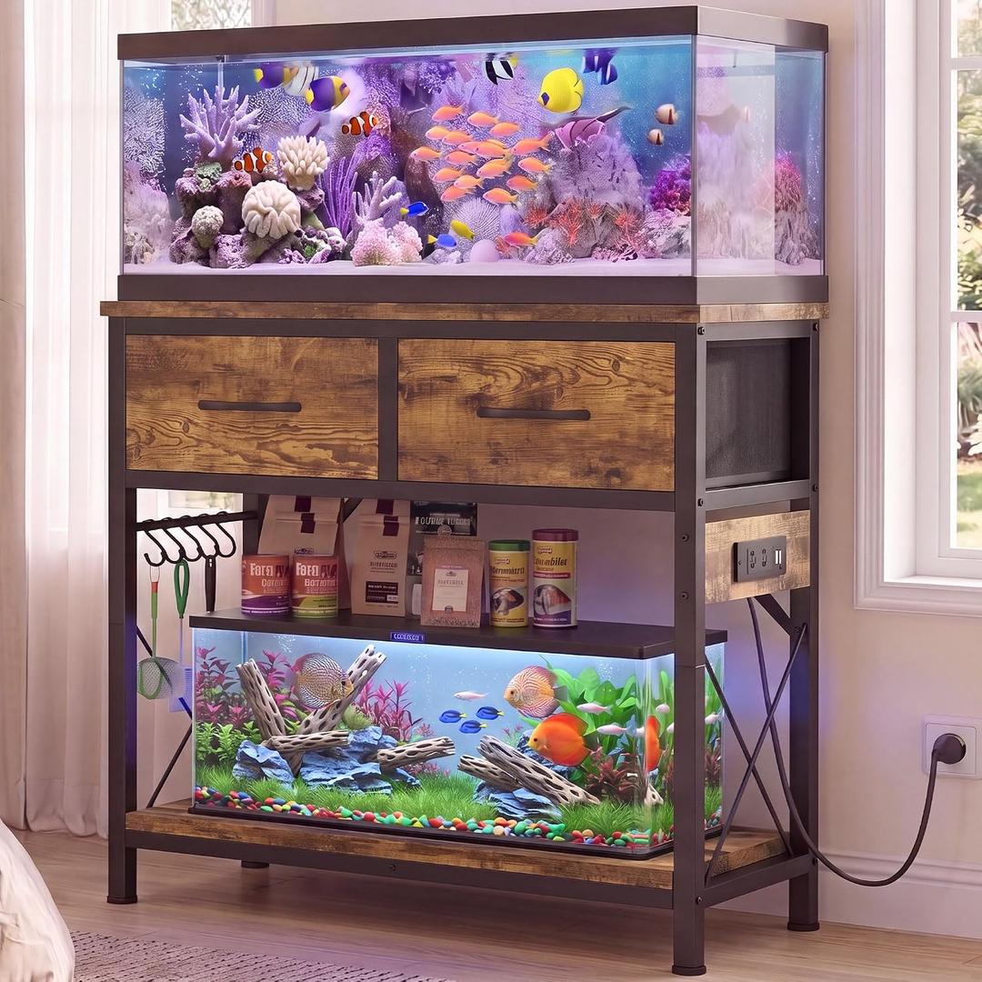 Heybly 20-29-37 Gallon Fish Tank Stand with Power Outlets & StorageHAS011SR Aquarium Stand with Drawers & Hooks, Metal Frame, 31.5" x 15.7" Top, 400 lbs for Turtle Tank & Reptile Terrarium, Rustic Brown