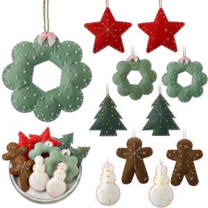 10 Pieces Embroidered Felt Christmas Ornaments Felt Cookies Ornament with Beads 3D Christmas Tree Gingerbread Man Wreath Stars Snowman Hanging Decoration for Xmas Holiday Party Toy