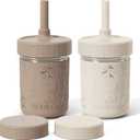 Fimibuke Toddler Cups Spill Proof, 8 OZ Sippy Cups for Kids Girl Boy, Leak Proof Stainless Steel Tumbler with Lid, Silicone Straw & Sleeve, BPA Free Dishwasher Safe Water Bottle Snack Container 2 Pack  Khaki/Beige, 8 Ounces