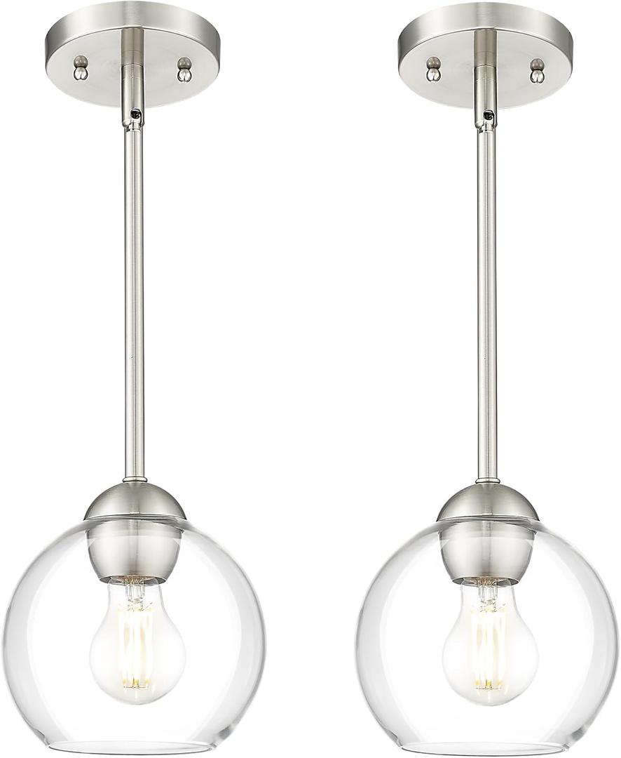 Emak 2 Pack Brushed Nickel Pendant Light Fixtures, 7 Inch Globe Pendant Lights with Clear Glass Shade, 1Light Hanging Lights for Kitchen Island, Bathroom, Dining Room, PL119BN2PK