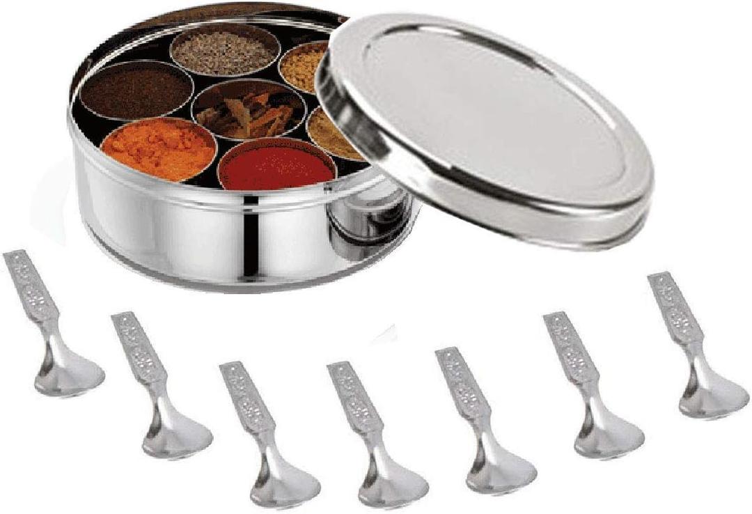 Satre Online and Marketing Stainless Steel Spice Box Without Lid,Stainless Steel Masala Box,Indian Spice Box with 7 Spice Containers and Spoons