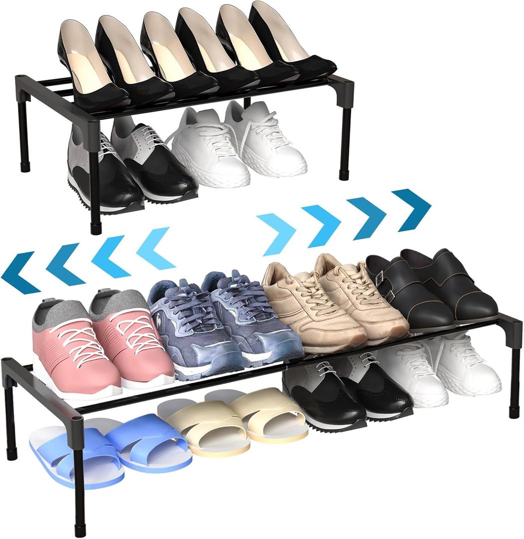 Teenyyou 2 Pcs Expandable Shoe Rack 17 ''-30 '' Adjustable Shoe Shelf Metal 1 Tier Rack Black Stackable Organizer for Cabinet Entryway Closet Doorway Front Door Small Space Dorm Room Storage
