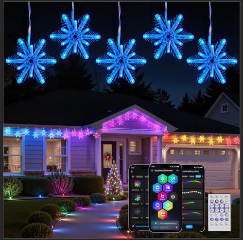 Brightown Smart Christmas Snowflake Lights, 12ft 96LED with 8 Drops Outdoor Icicle Lights with APP Control & Music Sync, Waterproof Connectable, 80+ Scene Modes for Roof, Window, Yard, Patio
