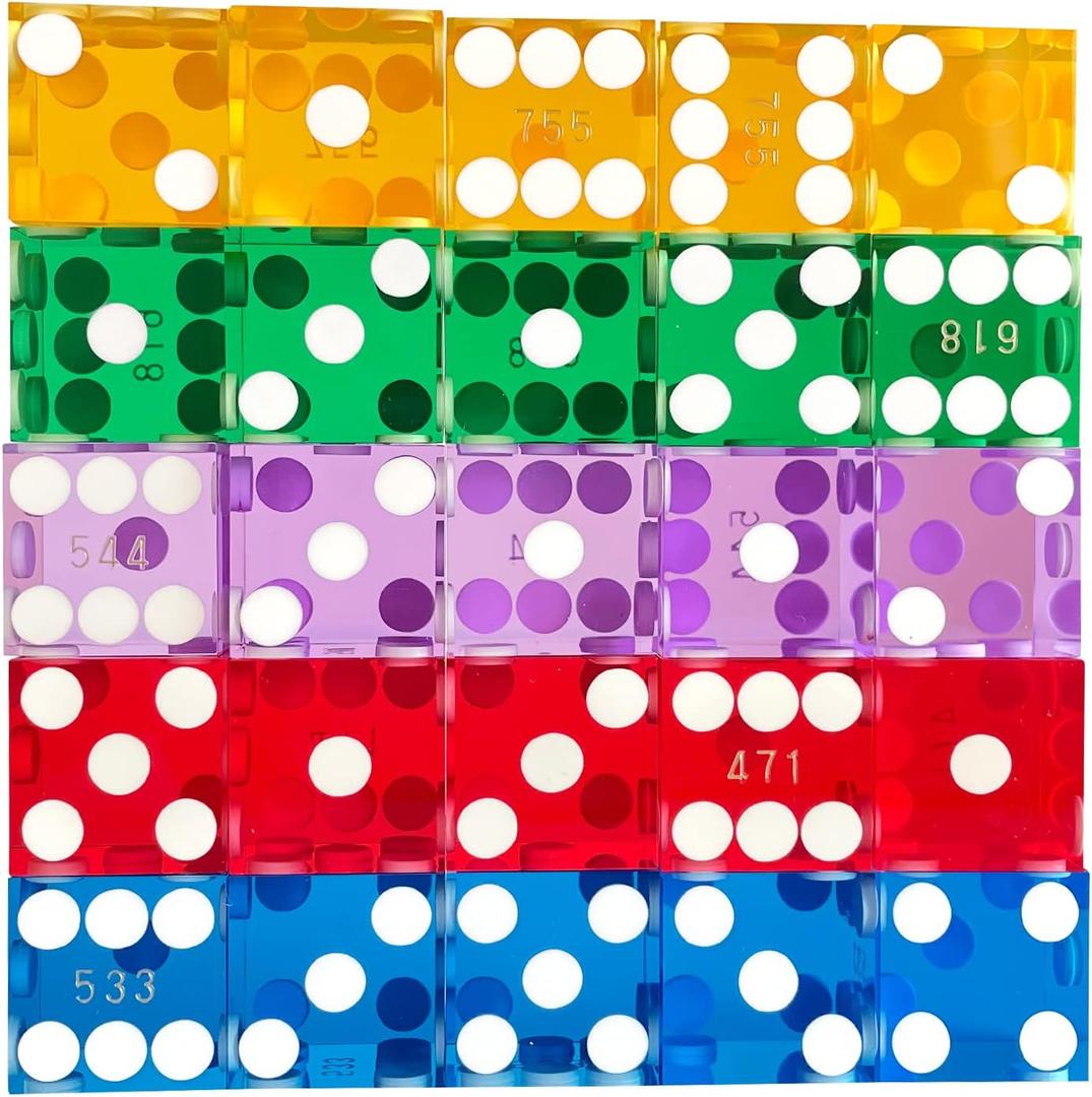Yuanhe Grade AAA Precision 19mm Serialized Casino Craps Dice Set of 25 with Razor Edges and Corners-Multi-Color (Blue & Red & Purple & yellow & green)