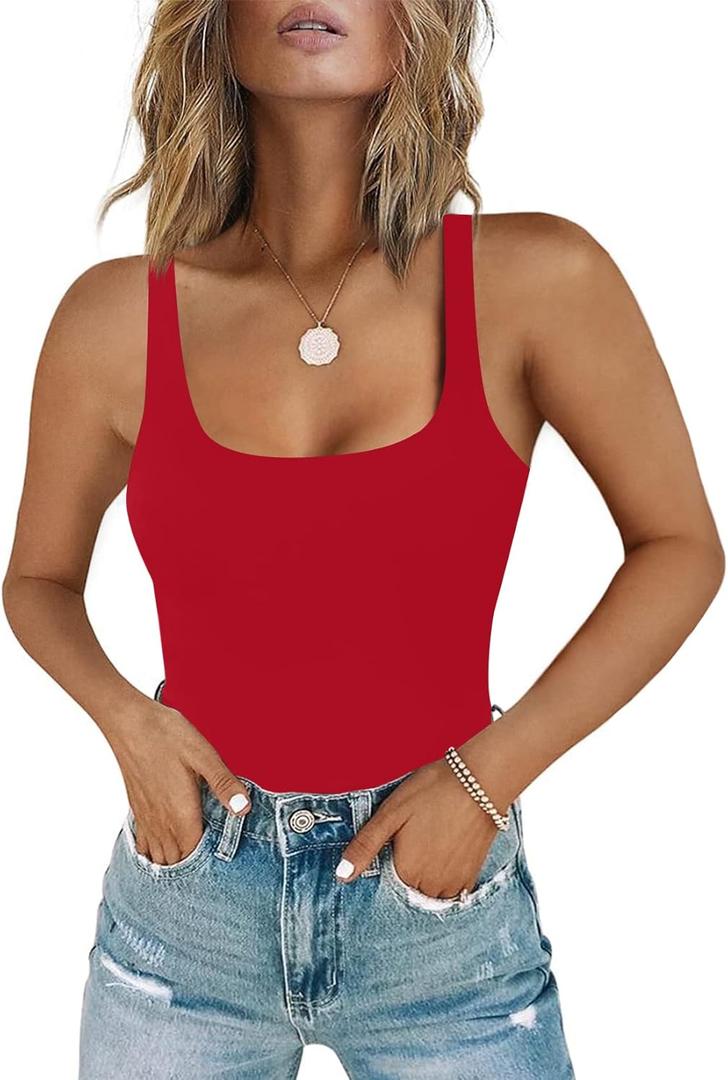 Chunpin Women's Square Neck Sleeveless Bodysuit Tank Top Body Suits Thong Bodysuits Outfits (Medium, Red)