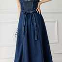 CHARTOU Women's Elegant Straps Back Smocked A-Line Long Skirt Denim Overall Pinafore Dress (Blue, XXL)