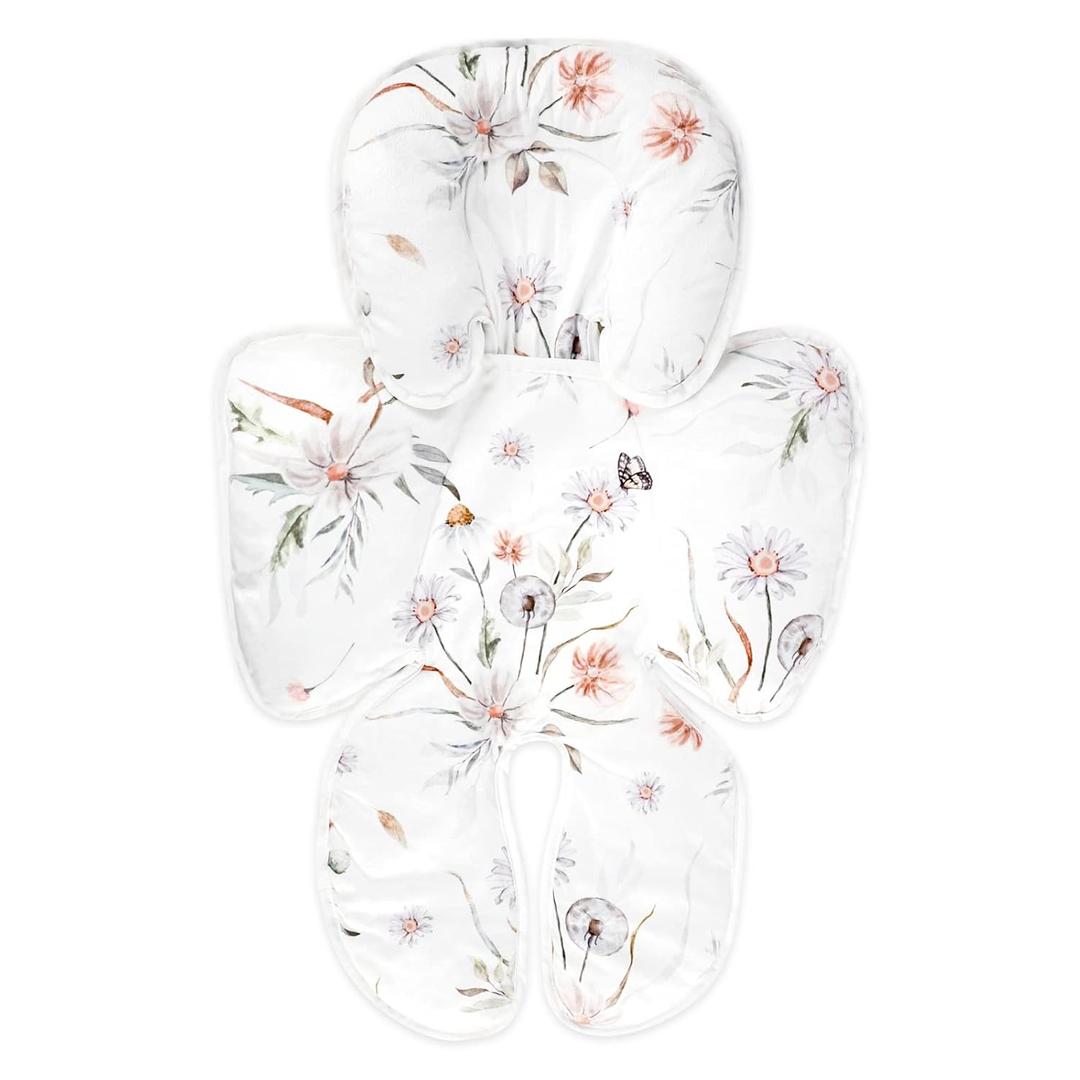 Infant Car Seat Insert, 2 in 1 Baby Car Seat Head Body Support Cushion Pillow, Reversible & Adjustable Baby Headrest for Stroller, Swing, White Floral (Wildflower)