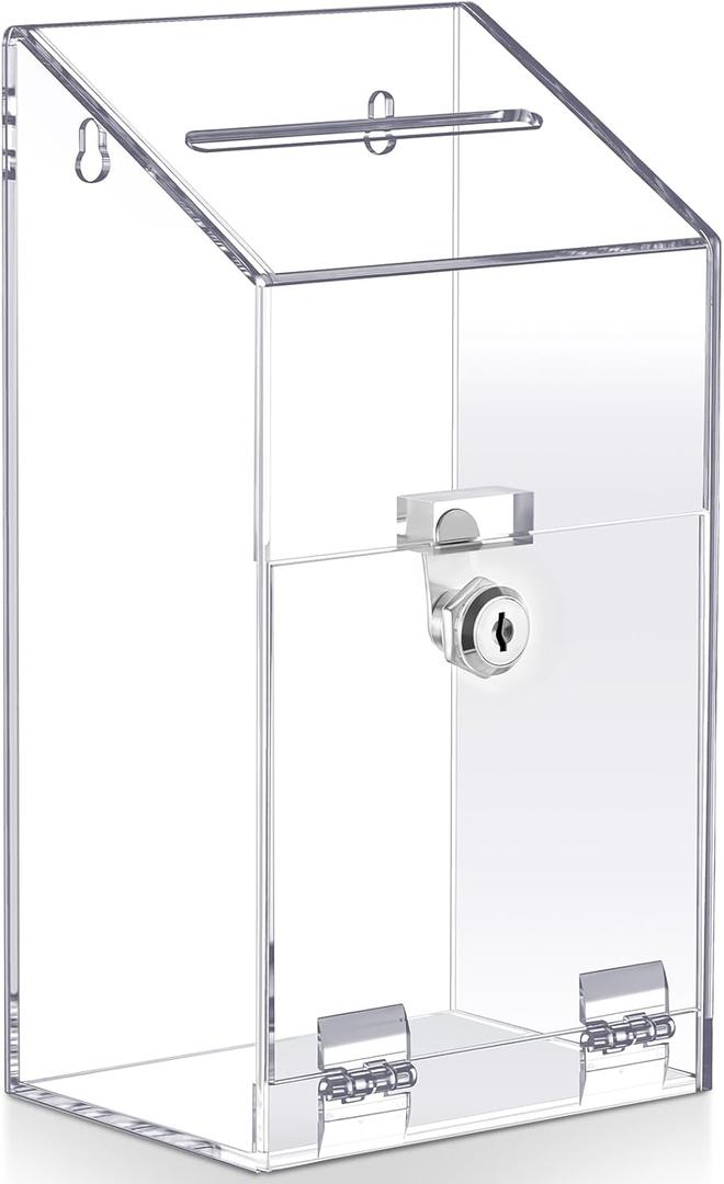 Juexica Acrylic Donation Box 10.2" x 5.6" x 4" Suggestion Raffle Box Tip Jar with Lock and Slot Wall Mount Safe Key Drop Ballot Fundraising for Home Office Vote(Clear)