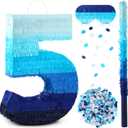 Poen 20 Inch Large Number 5 Piñata Blue Ombre Jumbo Pinata with Stick Blindfold and Confetti for Graduation Birthday Party Decorations Fiesta Adults Anniversary Celebration