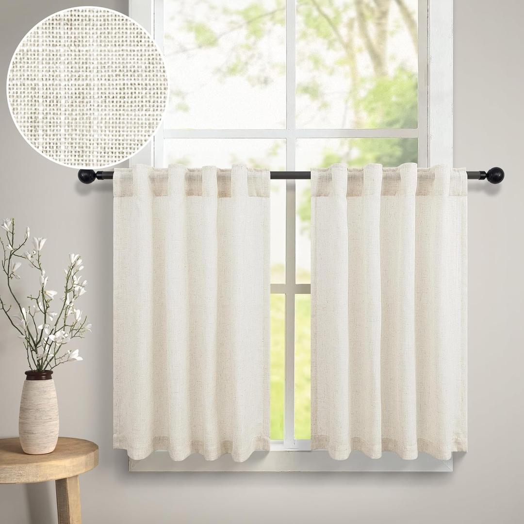 Dancurton Kitchen Cafe Curtains 24 Inch Length 2 Panels Set Back Tab Pocket Light Filtering Sheer Privacy Linen Short Curtains for Small Window Cream Colored Curtain for Bathroom 30x24 Ivory Off White (Natural)
