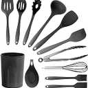 Silicone Cooking Utensils Set Utensil Sets - 446F Heat Resistant Silicone Kitchen Utensils Set Wooden Handles, Silicone Utensils for Cooking w Holder for Non-Stick Cookware BPA FREE (Black)