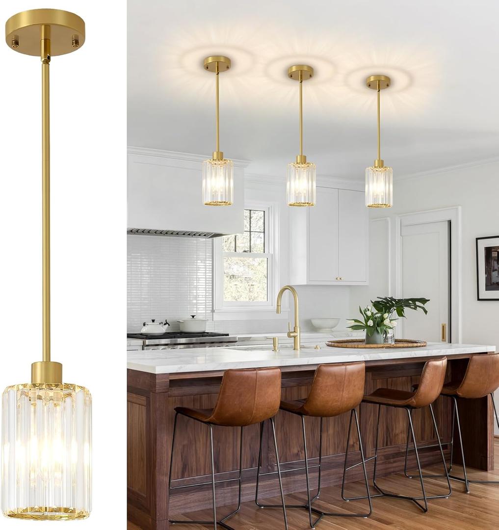 Crystal Pendant Lights, 3 Pack Brushed Gold Pendant Lights for Kitchen Island, Modern Mini Crystal Hanging Light Fixtures for Kitchen, Dining Room, Hallway, Foyer, Entryways