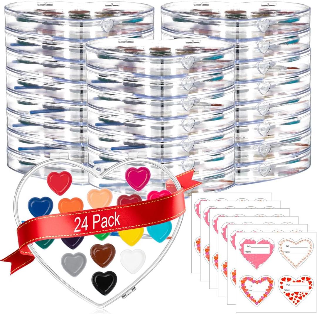 ARTLYMERS 24Pack Watercolor Paint Set, 16Colors Heart Water Color Paint Sets for Kids with Paintbrush Washable, Valentines Gifts Art Supplies for Preschool Classroom Party Favor Prizes Exchange