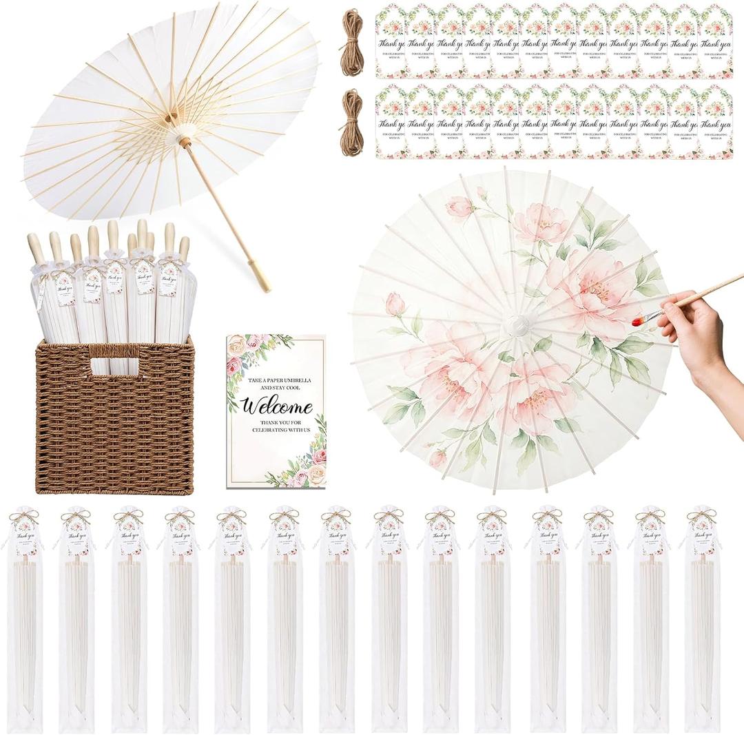 24 Sets 33 Inch White Paper Parasol Umbrella for Wedding Chinese Japanese Paper Umbrella With Foldable Storage Basket DIY Painting White Parasol Thank You Wedding Favors for Guest Bridal Shower