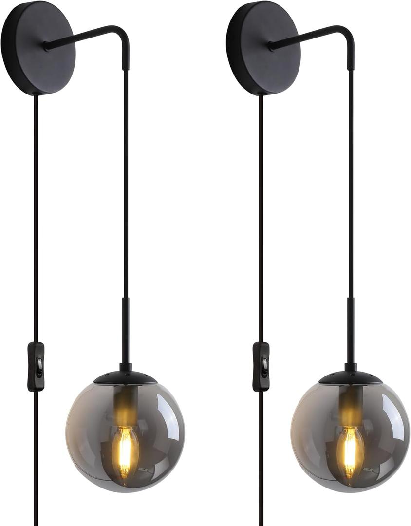 KUZZULL Wall Sconces Set of Two Matte Black Wall Lights for Bedroom Plug in Wall Sconces Set of 2 with Globe Smoke Grey Glass Shade Wall Lamp with Plug in Cord Sconces Wall Decor Set of 2 with Switch