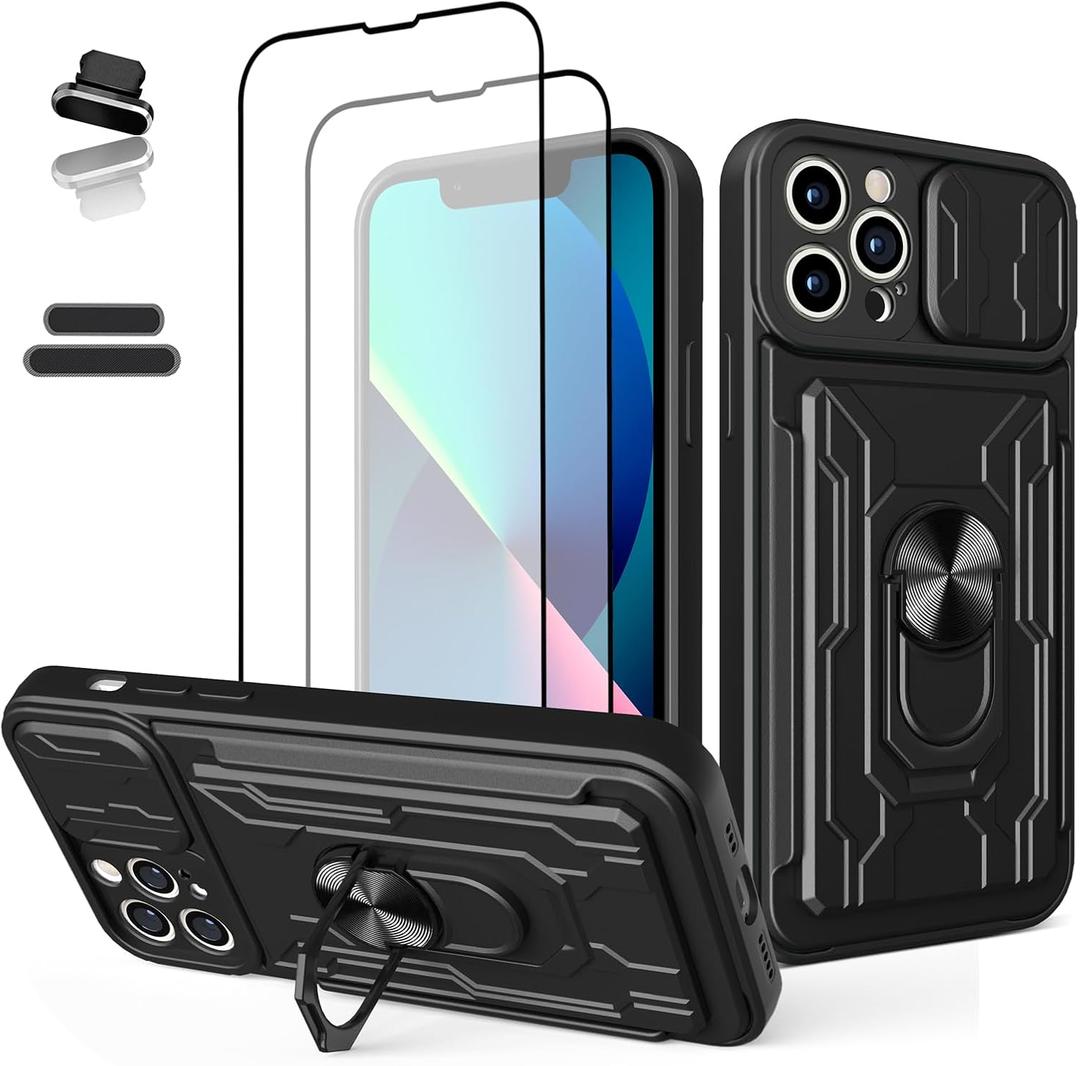 Wallet Case for Apple iPhone 13 Pro Max 6.7 Inch, Credit Card Business Card Slot Sliding Door Hides Portable Design, Double Layer Hybrid Military Grade Rugged Shock Resistant Drop Case (Black)