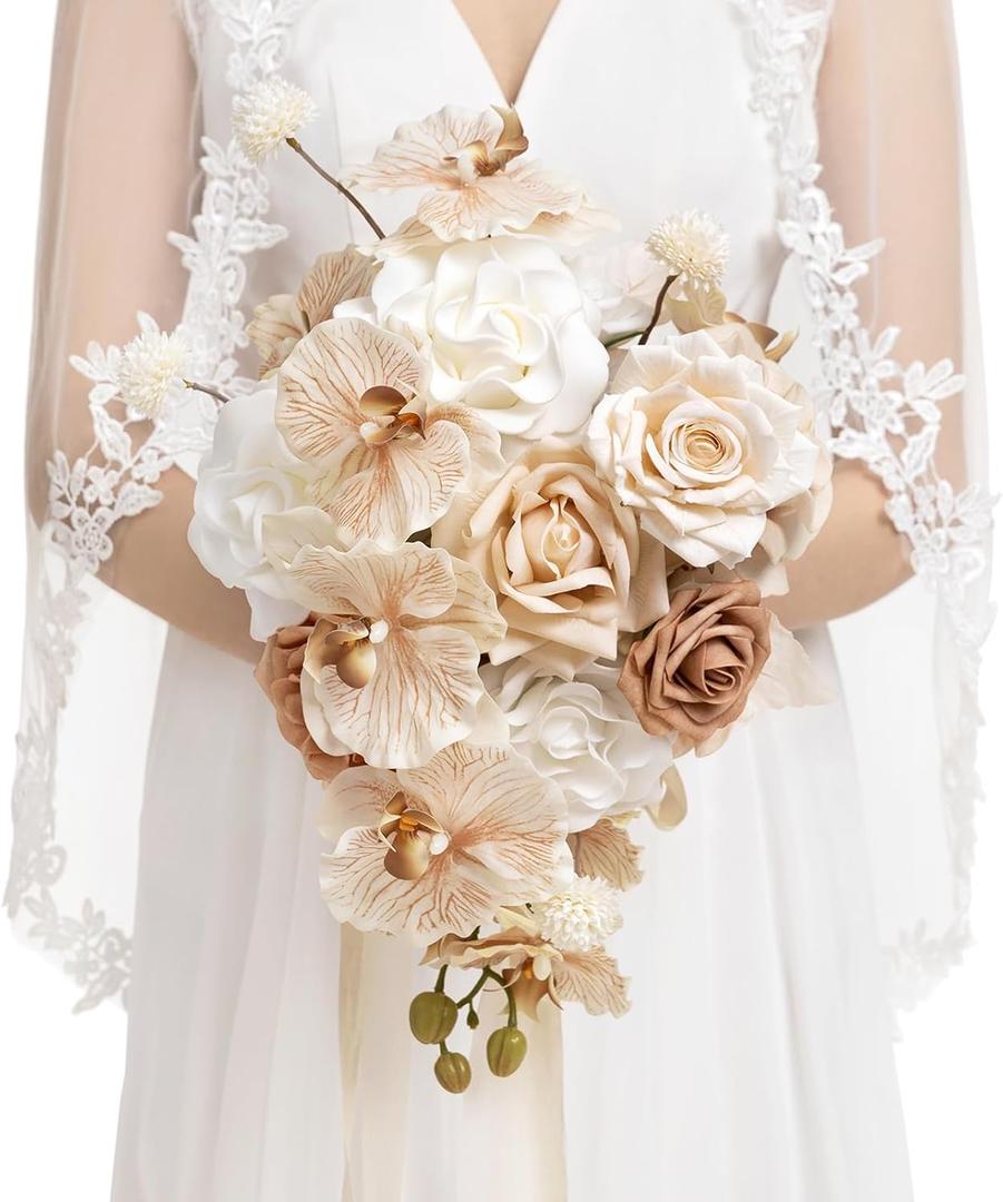 Ling's moment Beige Bridal Bouquet Cascading, Brown Wedding Bouquets for Bride, 13 Inch Bride Bouquets for Wedding Artificial Flowers Bouquets