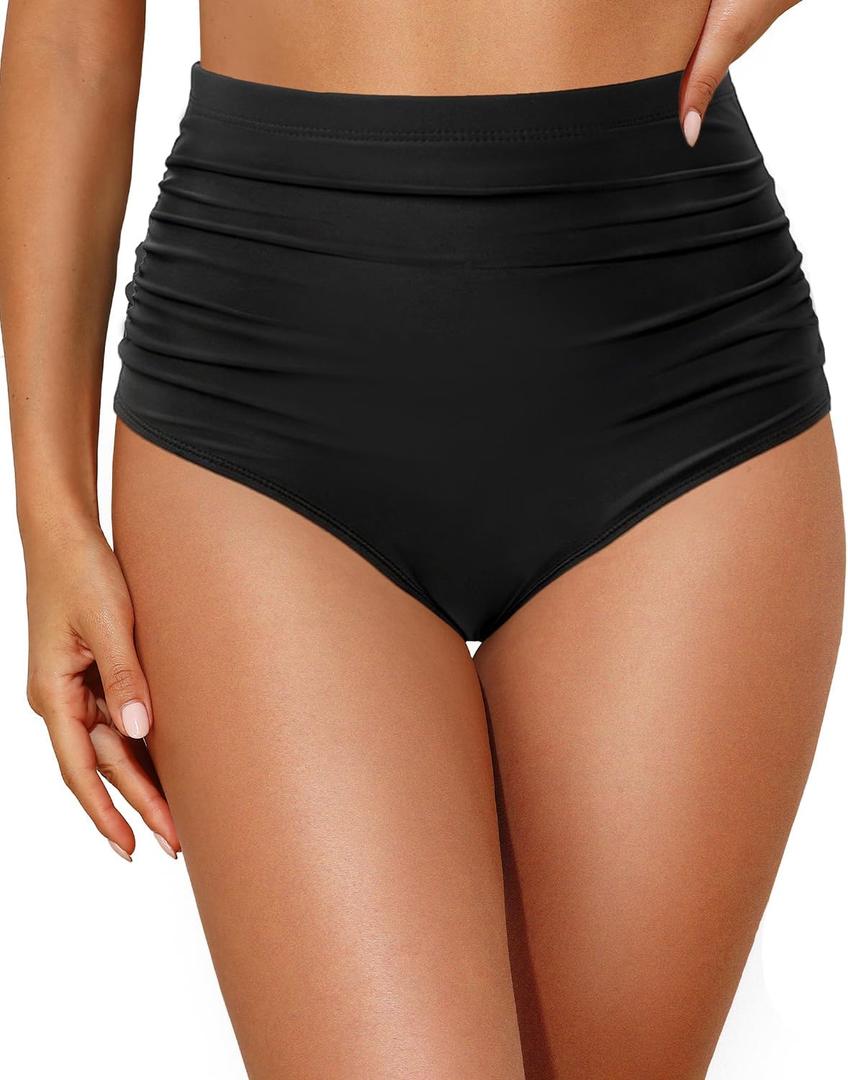 Zmart High Waisted Bikini Bottoms - Women's Full Coverage Ruched Bathing Suit Bottom Low Cut Swimsuit (Black)XL