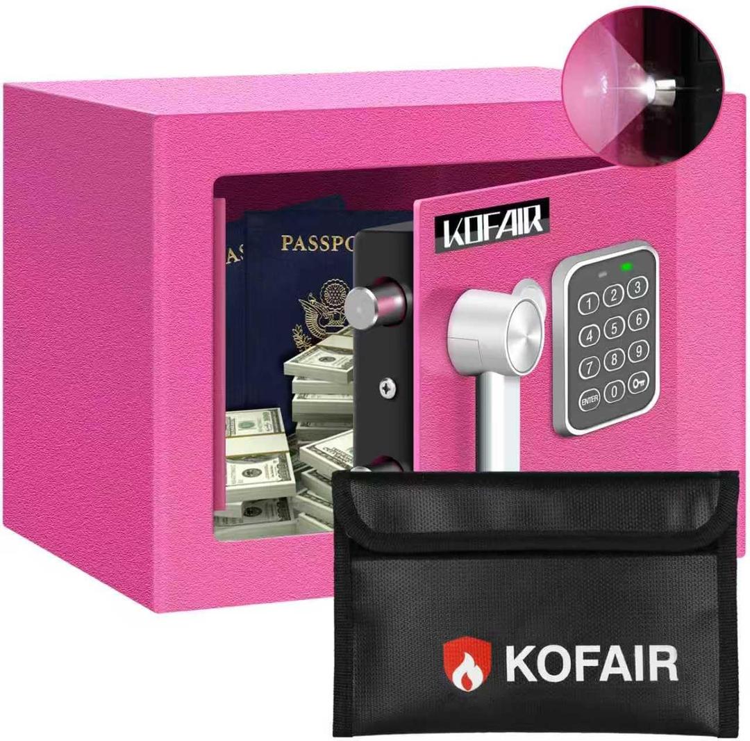 Safe Box for Home Safe (0.23 Cubic Feet) with Fireproof Bag, Personal for Money Safe for Cash Saving, Mini Safety with Key, Digital Safety with Light, Money Lock Box (Pink)