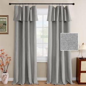 H.VERSAILTEX Linen Curtains with Valance 84 Inch Long 2 Panels Farmhouse Boho Privacy Window Curtains for Living Room Bedroom Ring/Rod Pocket Privacy Light Filtering Drapes, 52x 84 Inch, Heather Grey