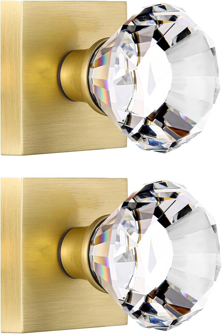 2 Pack Satin Brass Dummy Door Knob Set, Clear Glass Crystal Inactive Interior, Hall and Closet Square Gold, Diamond Shape Kit BS-009