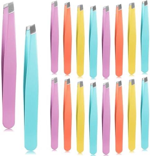 Maitys 16 Pieces Slanted Eyebrow Tweezers Stainless Steel Tip Precision Tweezers Bulk for Women and Men Personal Care Ingrown Hair, Facial Hair and Lash Extension