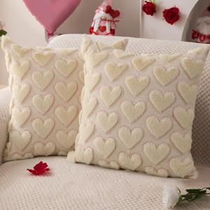 DFXSZ Valentines Pillow Covers 18x18 inch Set of 2 Valentines Day Decoration Beige Heart Soft Plush Faux Fur Jacquard Throw Pillows for Bedroom Sofa Holiday Festivals Home Decor PTK020A18