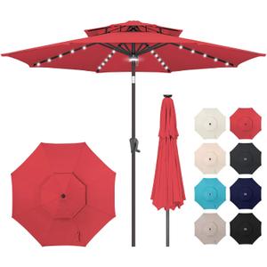 9ft Solar Umbrella Outdoor - 2 Tiers Lighted Solar Patio Umbrella with 40 LED Lights Waterprool UV Protection, Table Umbrella with Tilt for Pool, Porch, Garden, Backyard (Red)