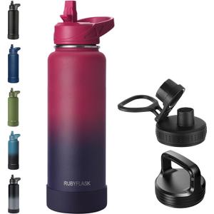 RUBYFLASK 40oz Insulated Water Bottle with Straw, Stainless Steel Metal Vacuum Water Flask, Large Thermal Water bottle with Leakproof 3 Lids for Travel, Camping, Gym Sports Dark Rainbow
