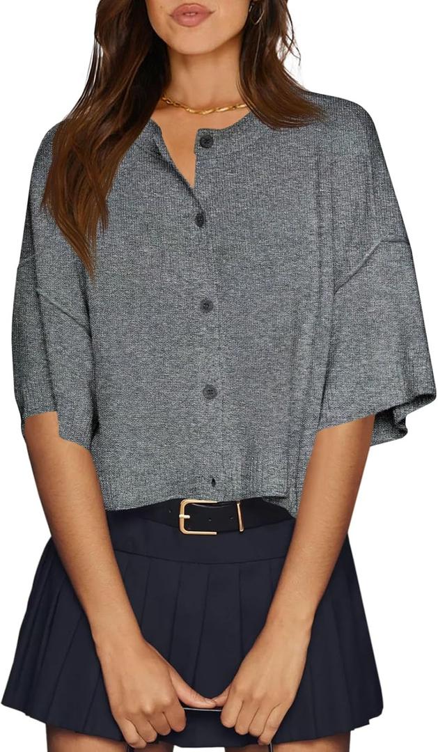 Cicy Bell Womens Half Sleeve Cardigan Sweaters Cropped Button Down Tops Oversized Lightweight Ribbed Knit Summer Outfits (Small, Dark Grey)