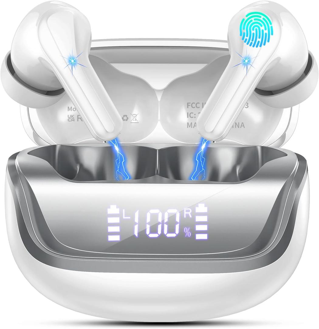 Wireless Earbuds, Bluetooth 5.4 Headphones Deep Bass Stereo, in-Ear Earphones with ENC Noise Canceling Mics, 45H Playtime Ear Buds Dual LED Display, IP7 Waterproof Wireless Headphones for Android iOS (Milky White)